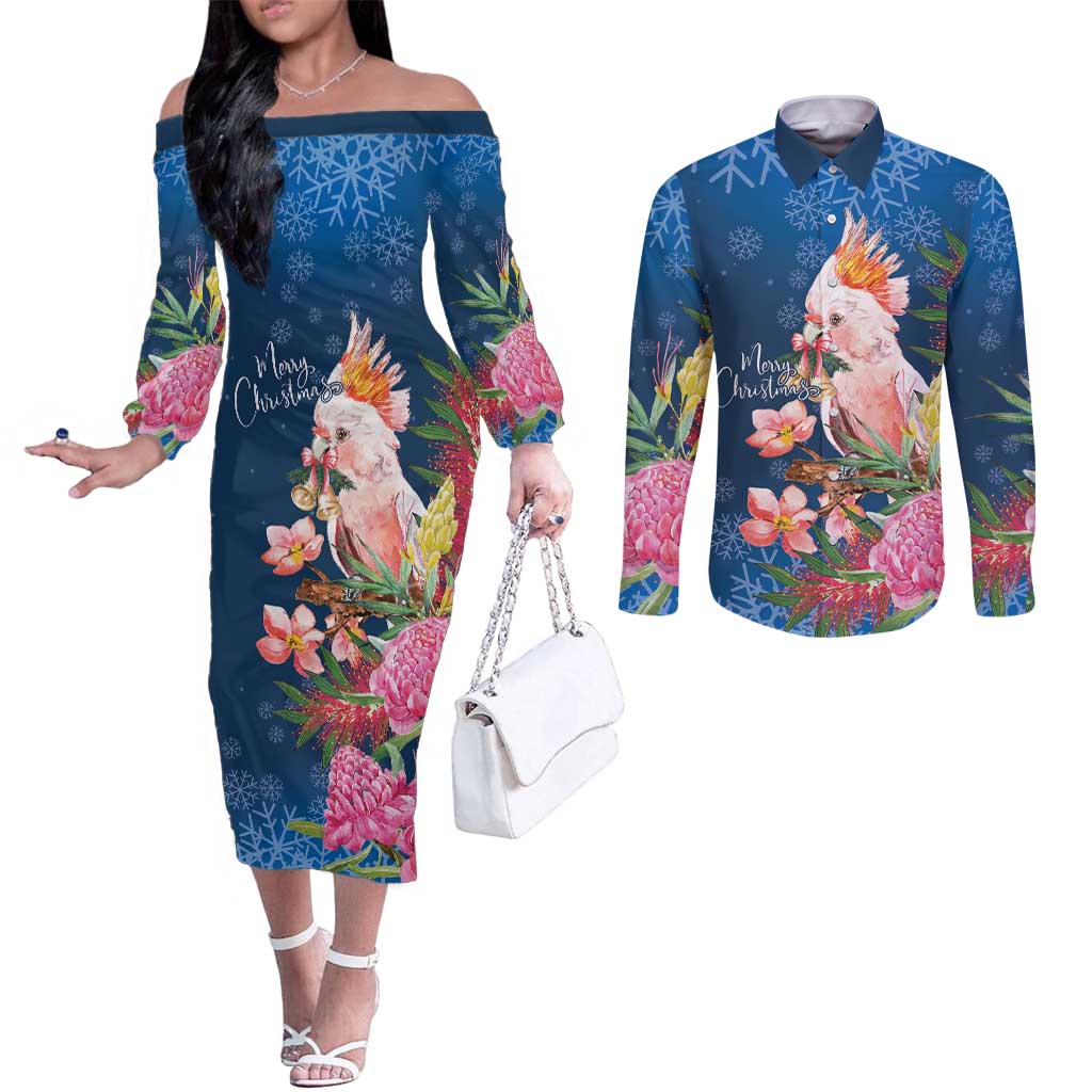 Australia Christmas Pink Cockatoo with Banksia Couples Matching Off The Shoulder Long Sleeve Dress and Long Sleeve Button Shirt Snowy Blue - Aussie Hoodie