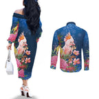 Australia Christmas Pink Cockatoo with Banksia Couples Matching Off The Shoulder Long Sleeve Dress and Long Sleeve Button Shirt Snowy Blue - Aussie Hoodie