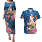 Australia Christmas Pink Cockatoo with Banksia Couples Matching Puletasi and Hawaiian Shirt Snowy Blue - Aussie Hoodie