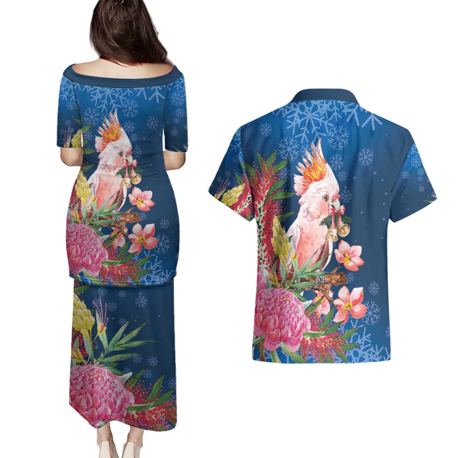 Australia Christmas Pink Cockatoo with Banksia Couples Matching Puletasi and Hawaiian Shirt Snowy Blue - Aussie Hoodie