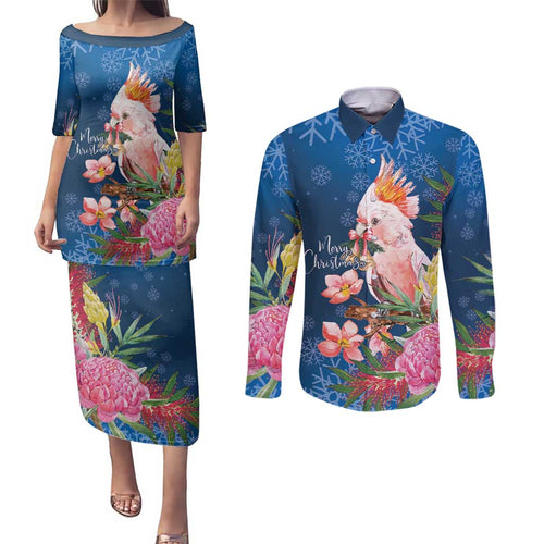 Australia Christmas Pink Cockatoo with Banksia Couples Matching Puletasi and Long Sleeve Button Shirt Snowy Blue - Aussie Hoodie