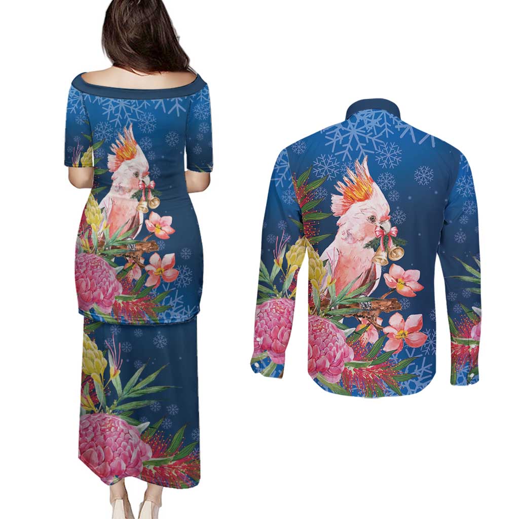 Australia Christmas Pink Cockatoo with Banksia Couples Matching Puletasi and Long Sleeve Button Shirt Snowy Blue - Aussie Hoodie