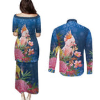 Australia Christmas Pink Cockatoo with Banksia Couples Matching Puletasi and Long Sleeve Button Shirt Snowy Blue - Aussie Hoodie