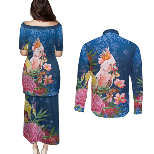 Australia Christmas Pink Cockatoo with Banksia Couples Matching Puletasi and Long Sleeve Button Shirt Snowy Blue - Aussie Hoodie