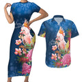 Australia Christmas Pink Cockatoo with Banksia Couples Matching Short Sleeve Bodycon Dress and Hawaiian Shirt Snowy Blue - Aussie Hoodie