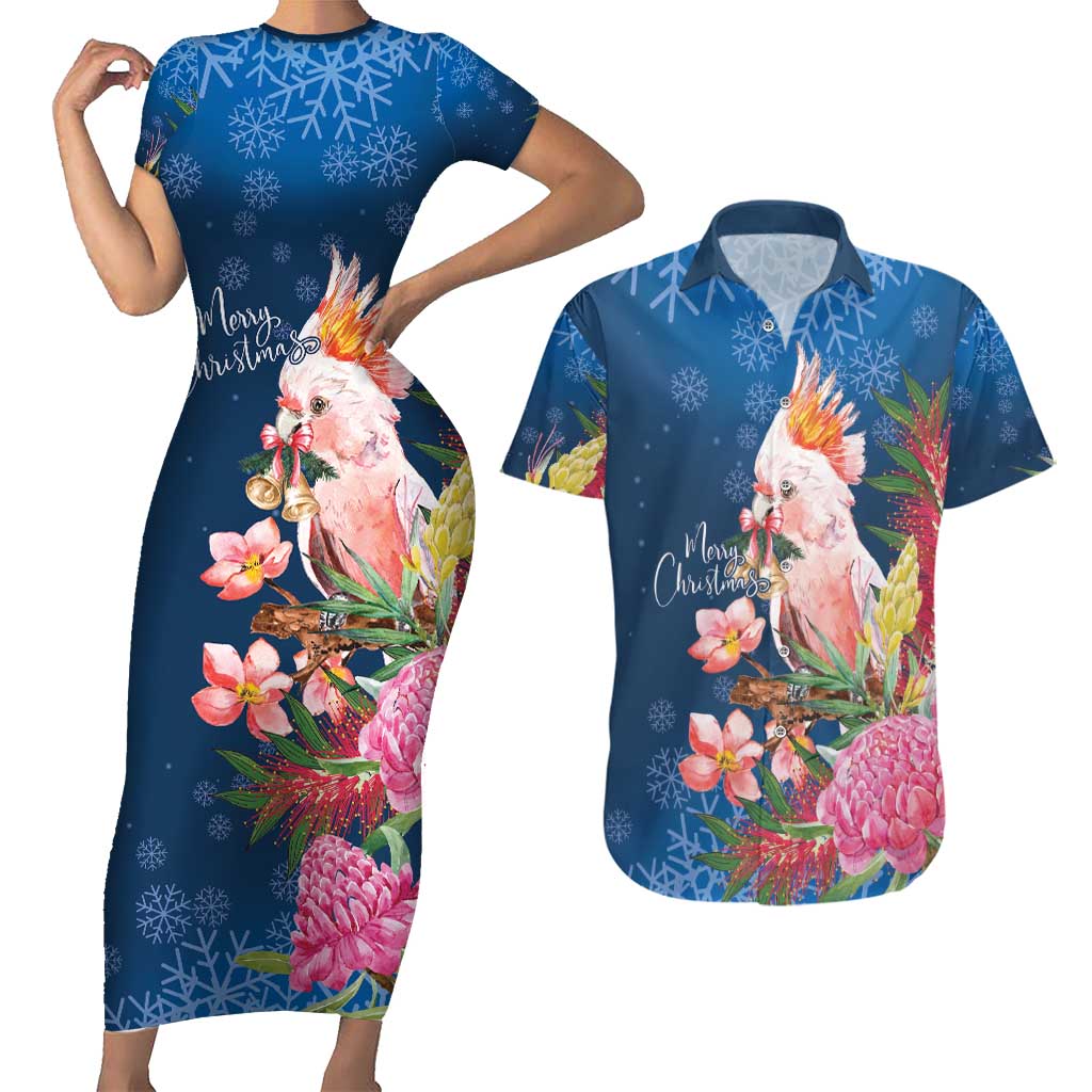 Australia Christmas Pink Cockatoo with Banksia Couples Matching Short Sleeve Bodycon Dress and Hawaiian Shirt Snowy Blue - Aussie Hoodie