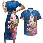 Australia Christmas Pink Cockatoo with Banksia Couples Matching Short Sleeve Bodycon Dress and Hawaiian Shirt Snowy Blue - Aussie Hoodie