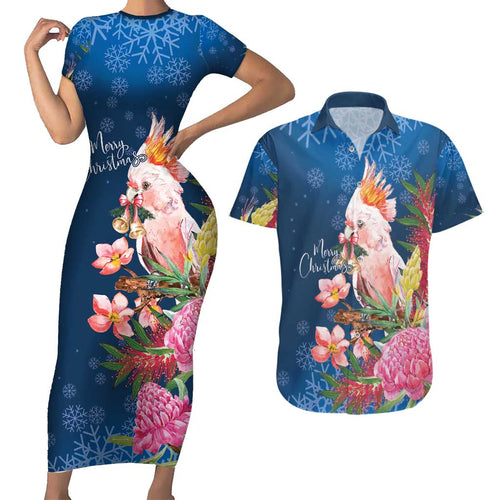 Australia Christmas Pink Cockatoo with Banksia Couples Matching Short Sleeve Bodycon Dress and Hawaiian Shirt Snowy Blue - Aussie Hoodie