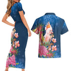 Australia Christmas Pink Cockatoo with Banksia Couples Matching Short Sleeve Bodycon Dress and Hawaiian Shirt Snowy Blue - Aussie Hoodie