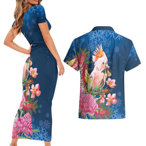 Australia Christmas Pink Cockatoo with Banksia Couples Matching Short Sleeve Bodycon Dress and Hawaiian Shirt Snowy Blue - Aussie Hoodie