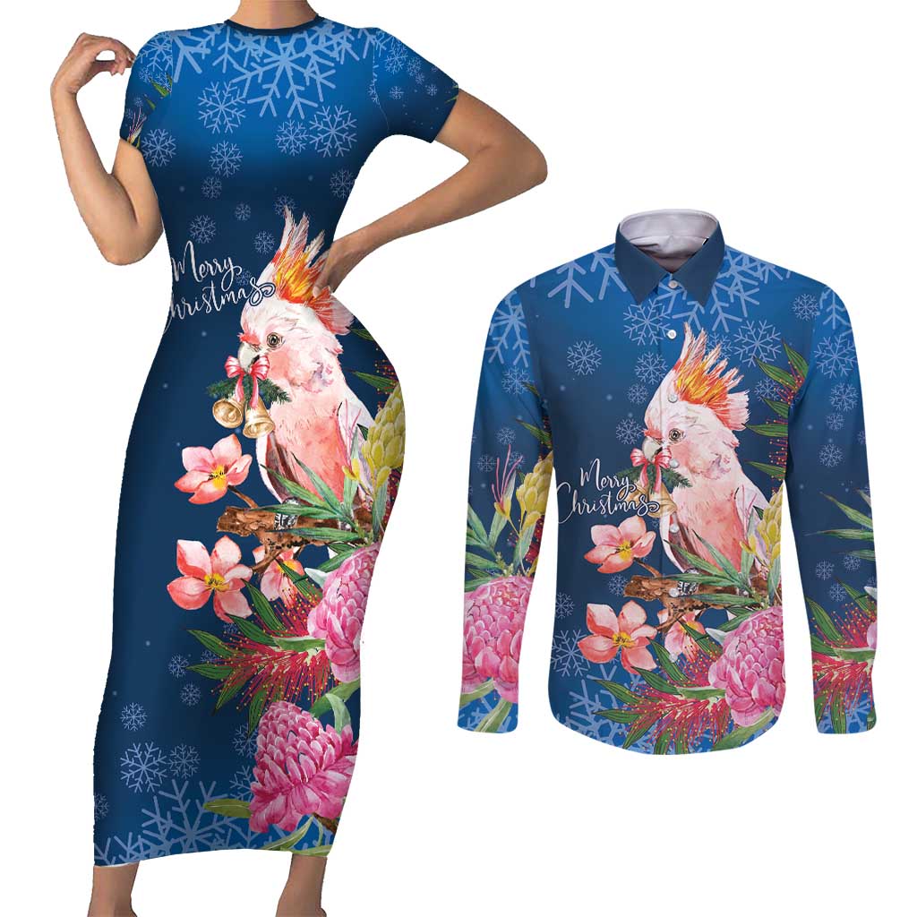 Australia Christmas Pink Cockatoo with Banksia Couples Matching Short Sleeve Bodycon Dress and Long Sleeve Button Shirt Snowy Blue - Aussie Hoodie