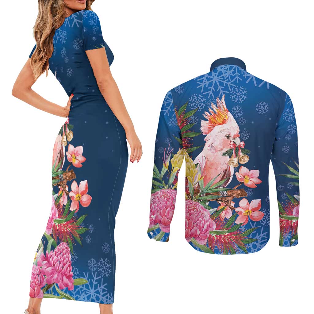 Australia Christmas Pink Cockatoo with Banksia Couples Matching Short Sleeve Bodycon Dress and Long Sleeve Button Shirt Snowy Blue - Aussie Hoodie