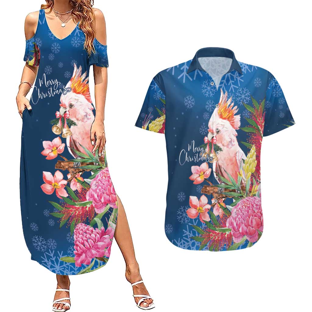 Australia Christmas Pink Cockatoo with Banksia Couples Matching Summer Maxi Dress and Hawaiian Shirt Snowy Blue - Aussie Hoodie