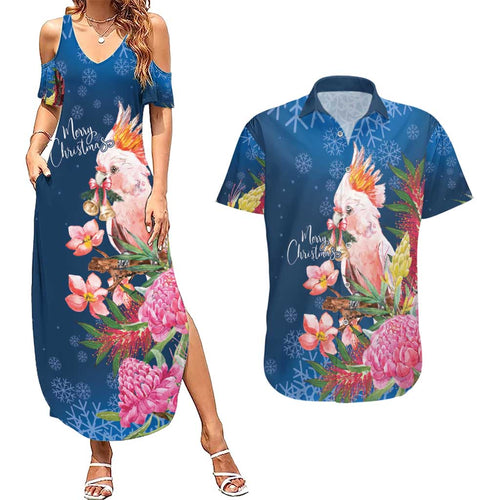 Australia Christmas Pink Cockatoo with Banksia Couples Matching Summer Maxi Dress and Hawaiian Shirt Snowy Blue - Aussie Hoodie