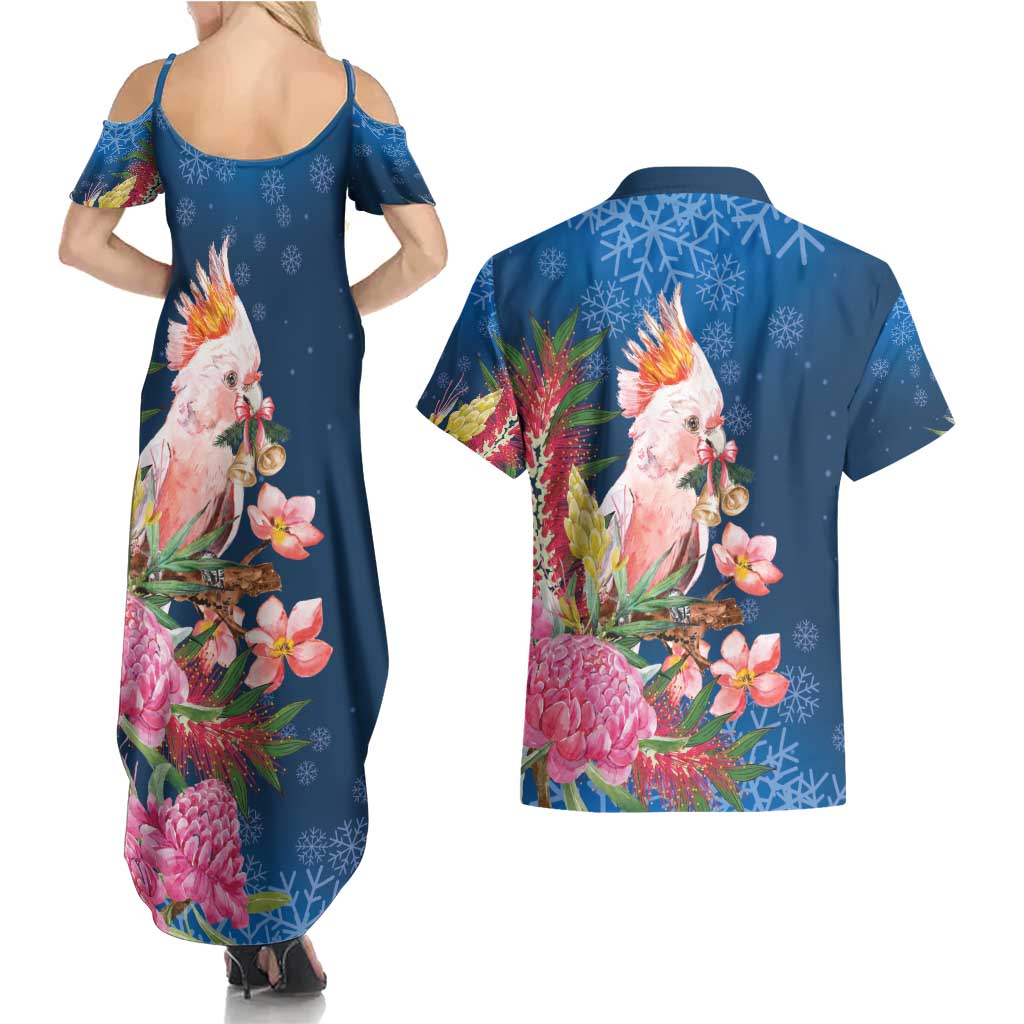Australia Christmas Pink Cockatoo with Banksia Couples Matching Summer Maxi Dress and Hawaiian Shirt Snowy Blue - Aussie Hoodie