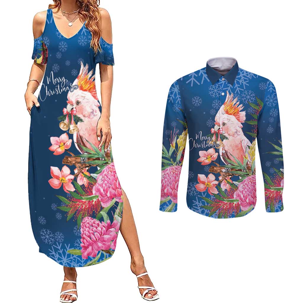 Australia Christmas Pink Cockatoo with Banksia Couples Matching Summer Maxi Dress and Long Sleeve Button Shirt Snowy Blue - Aussie Hoodie