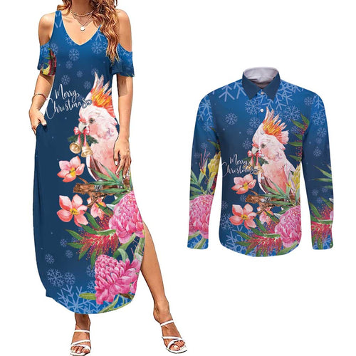 Australia Christmas Pink Cockatoo with Banksia Couples Matching Summer Maxi Dress and Long Sleeve Button Shirt Snowy Blue - Aussie Hoodie