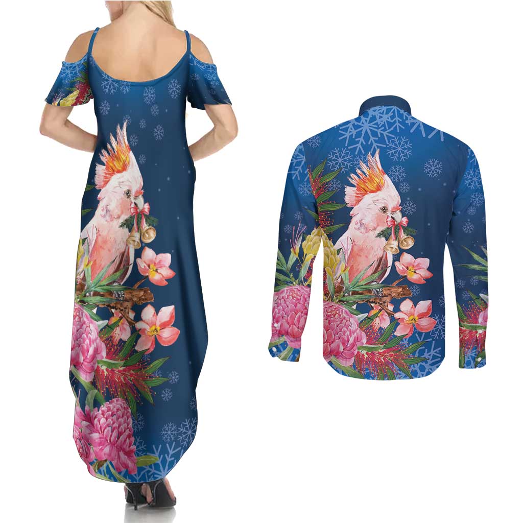 Australia Christmas Pink Cockatoo with Banksia Couples Matching Summer Maxi Dress and Long Sleeve Button Shirt Snowy Blue - Aussie Hoodie