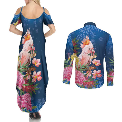 Australia Christmas Pink Cockatoo with Banksia Couples Matching Summer Maxi Dress and Long Sleeve Button Shirt Snowy Blue - Aussie Hoodie