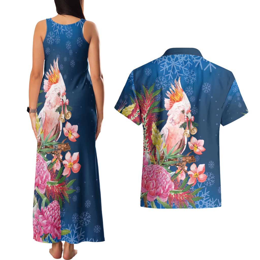 Australia Christmas Pink Cockatoo with Banksia Couples Matching Tank Maxi Dress and Hawaiian Shirt Snowy Blue - Aussie Hoodie