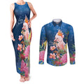Australia Christmas Pink Cockatoo with Banksia Couples Matching Tank Maxi Dress and Long Sleeve Button Shirt Snowy Blue - Aussie Hoodie