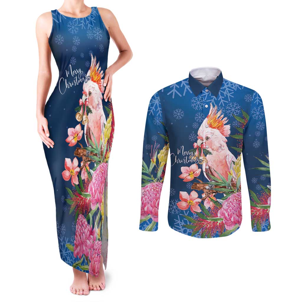 Australia Christmas Pink Cockatoo with Banksia Couples Matching Tank Maxi Dress and Long Sleeve Button Shirt Snowy Blue - Aussie Hoodie