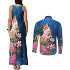 Australia Christmas Pink Cockatoo with Banksia Couples Matching Tank Maxi Dress and Long Sleeve Button Shirt Snowy Blue - Aussie Hoodie