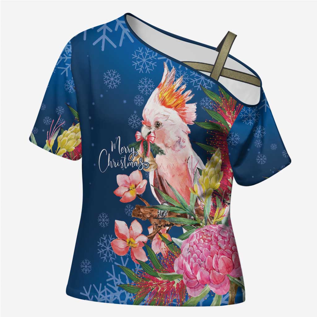 Australia Christmas Pink Cockatoo with Banksia Cross Shoulder Shirt Snowy Blue - Aussie Hoodie