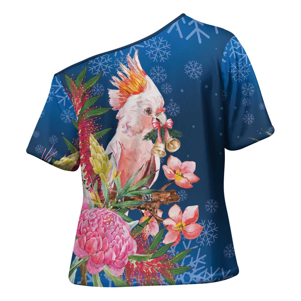 Australia Christmas Pink Cockatoo with Banksia Cross Shoulder Shirt Snowy Blue - Aussie Hoodie