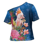 Australia Christmas Pink Cockatoo with Banksia Cross Shoulder Shirt Snowy Blue - Aussie Hoodie