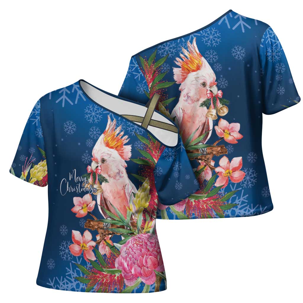 Australia Christmas Pink Cockatoo with Banksia Cross Shoulder Shirt Snowy Blue - Aussie Hoodie