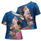 Australia Christmas Pink Cockatoo with Banksia Cross Shoulder Shirt Snowy Blue - Aussie Hoodie
