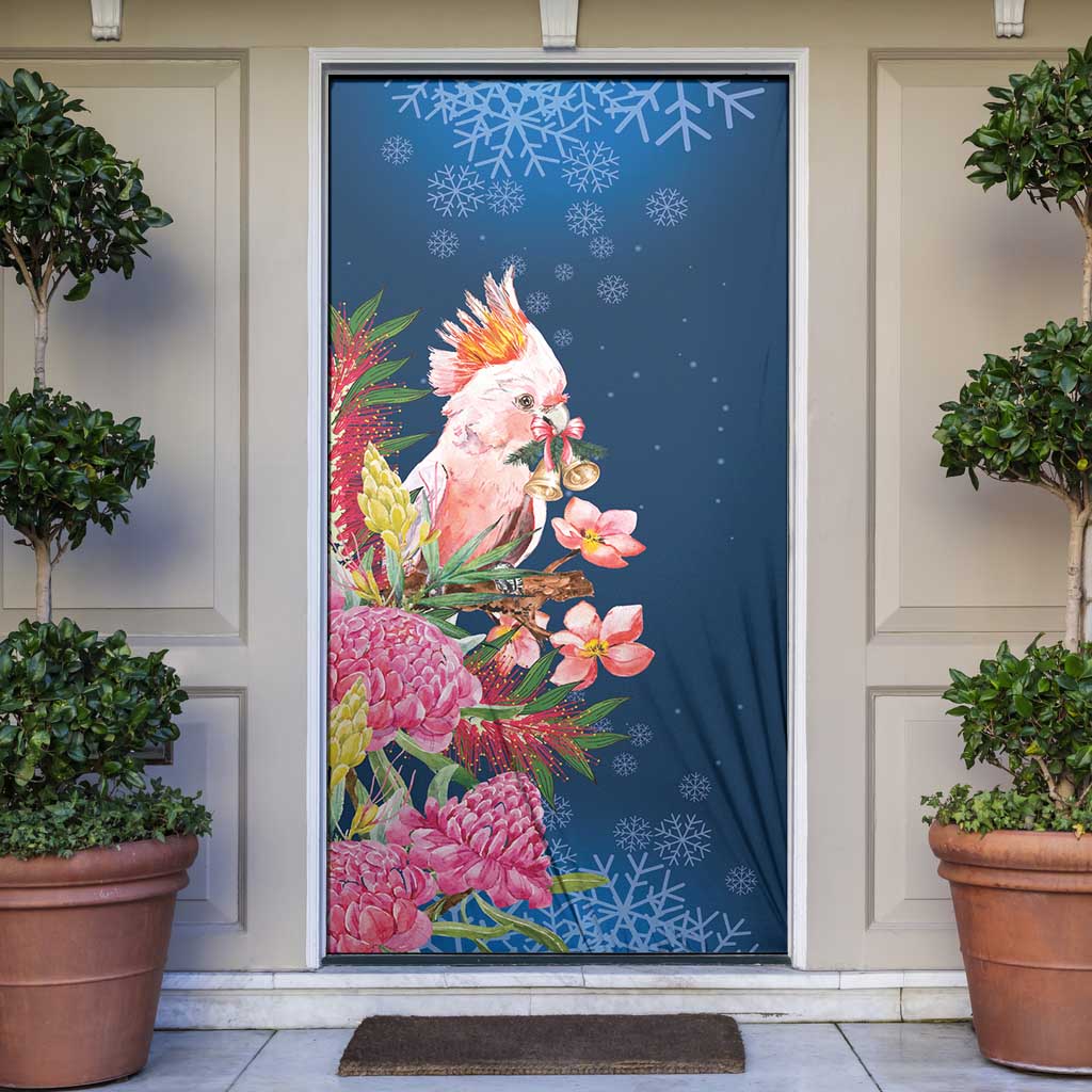 Australia Christmas Pink Cockatoo with Banksia Door Cover Snowy Blue - Aussie Hoodie