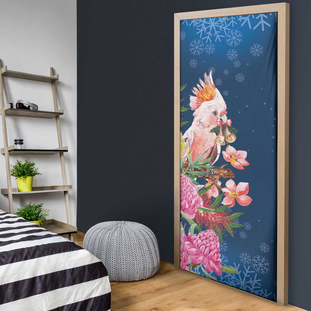Australia Christmas Pink Cockatoo with Banksia Door Cover Snowy Blue - Aussie Hoodie
