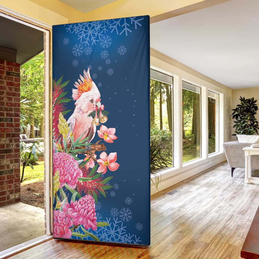 Australia Christmas Pink Cockatoo with Banksia Door Cover Snowy Blue - Aussie Hoodie