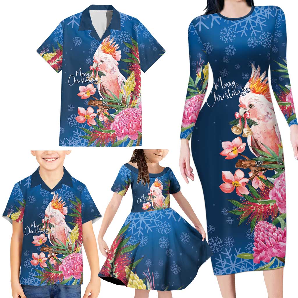 Australia Christmas Pink Cockatoo with Banksia Family Matching Long Sleeve Bodycon Dress and Hawaiian Shirt Snowy Blue - Aussie Hoodie