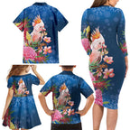 Australia Christmas Pink Cockatoo with Banksia Family Matching Long Sleeve Bodycon Dress and Hawaiian Shirt Snowy Blue - Aussie Hoodie