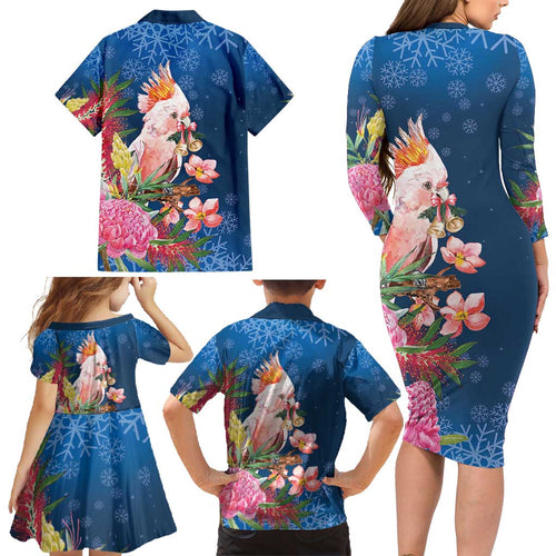 Australia Christmas Pink Cockatoo with Banksia Family Matching Long Sleeve Bodycon Dress and Hawaiian Shirt Snowy Blue - Aussie Hoodie