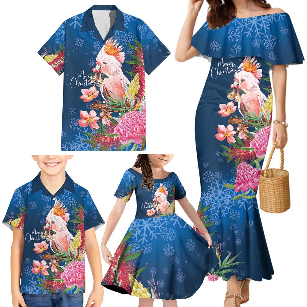 Australia Christmas Pink Cockatoo with Banksia Family Matching Mermaid Dress and Hawaiian Shirt Snowy Blue - Aussie Hoodie