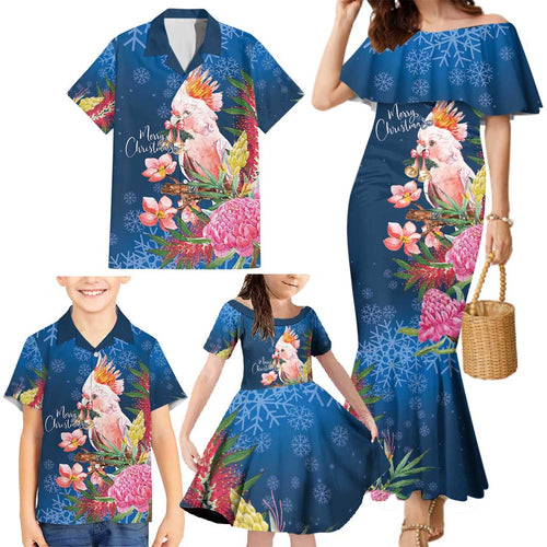 Australia Christmas Pink Cockatoo with Banksia Family Matching Mermaid Dress and Hawaiian Shirt Snowy Blue - Aussie Hoodie