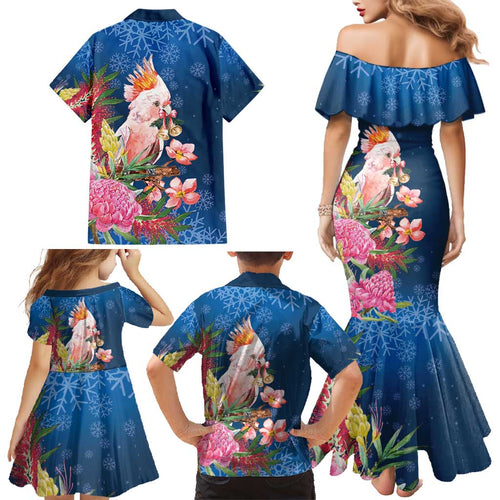 Australia Christmas Pink Cockatoo with Banksia Family Matching Mermaid Dress and Hawaiian Shirt Snowy Blue - Aussie Hoodie