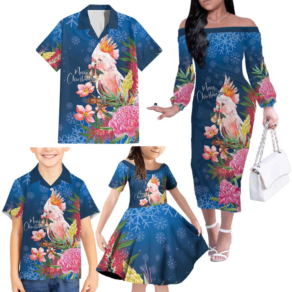 Australia Christmas Pink Cockatoo with Banksia Family Matching Off The Shoulder Long Sleeve Dress and Hawaiian Shirt Snowy Blue - Aussie Hoodie