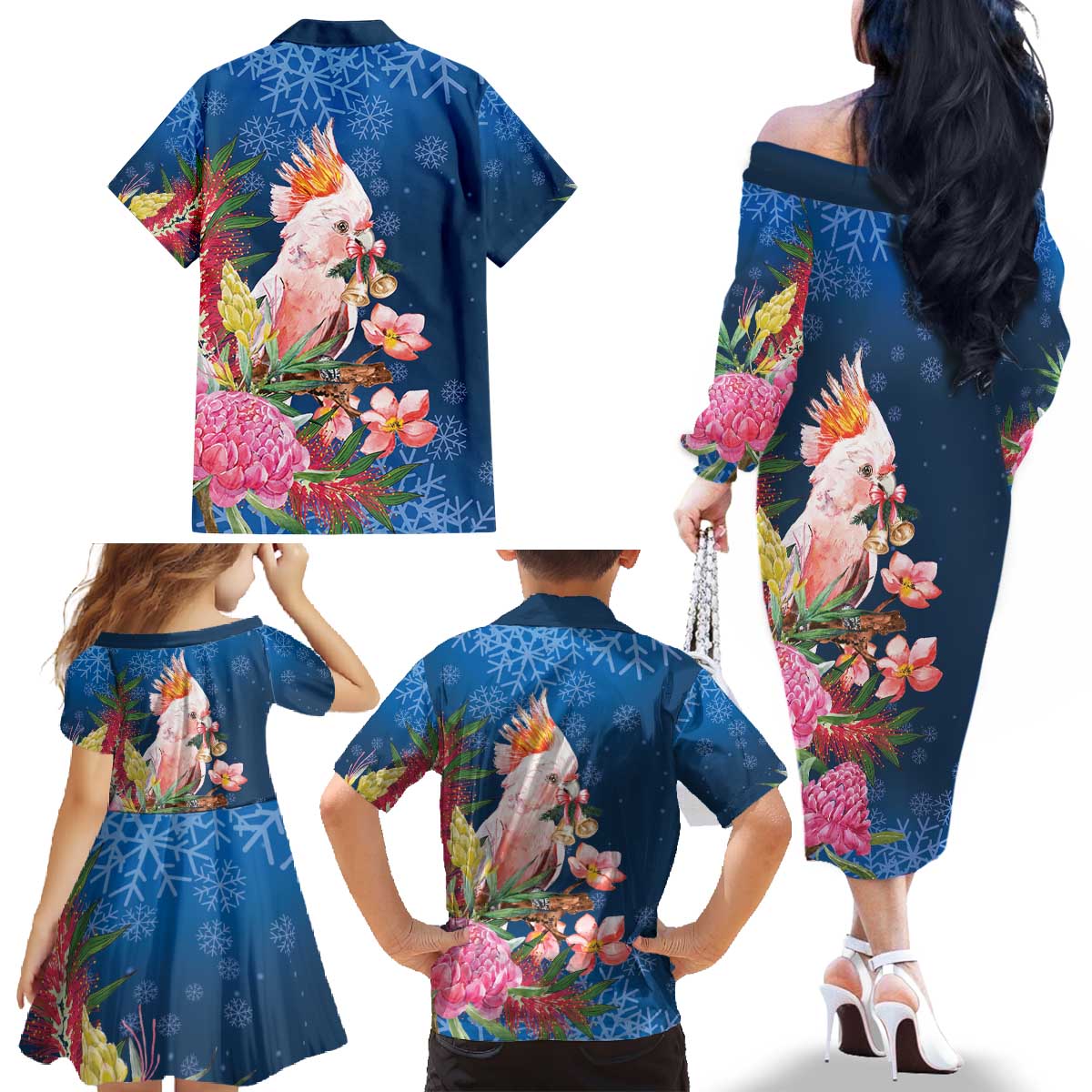 Australia Christmas Pink Cockatoo with Banksia Family Matching Off The Shoulder Long Sleeve Dress and Hawaiian Shirt Snowy Blue - Aussie Hoodie