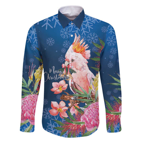 Australia Christmas Pink Cockatoo with Banksia Family Matching Off The Shoulder Long Sleeve Dress and Hawaiian Shirt Snowy Blue - Aussie Hoodie