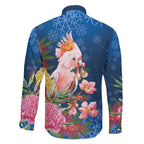 Australia Christmas Pink Cockatoo with Banksia Family Matching Off The Shoulder Long Sleeve Dress and Hawaiian Shirt Snowy Blue - Aussie Hoodie
