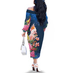 Australia Christmas Pink Cockatoo with Banksia Family Matching Off The Shoulder Long Sleeve Dress and Hawaiian Shirt Snowy Blue - Aussie Hoodie