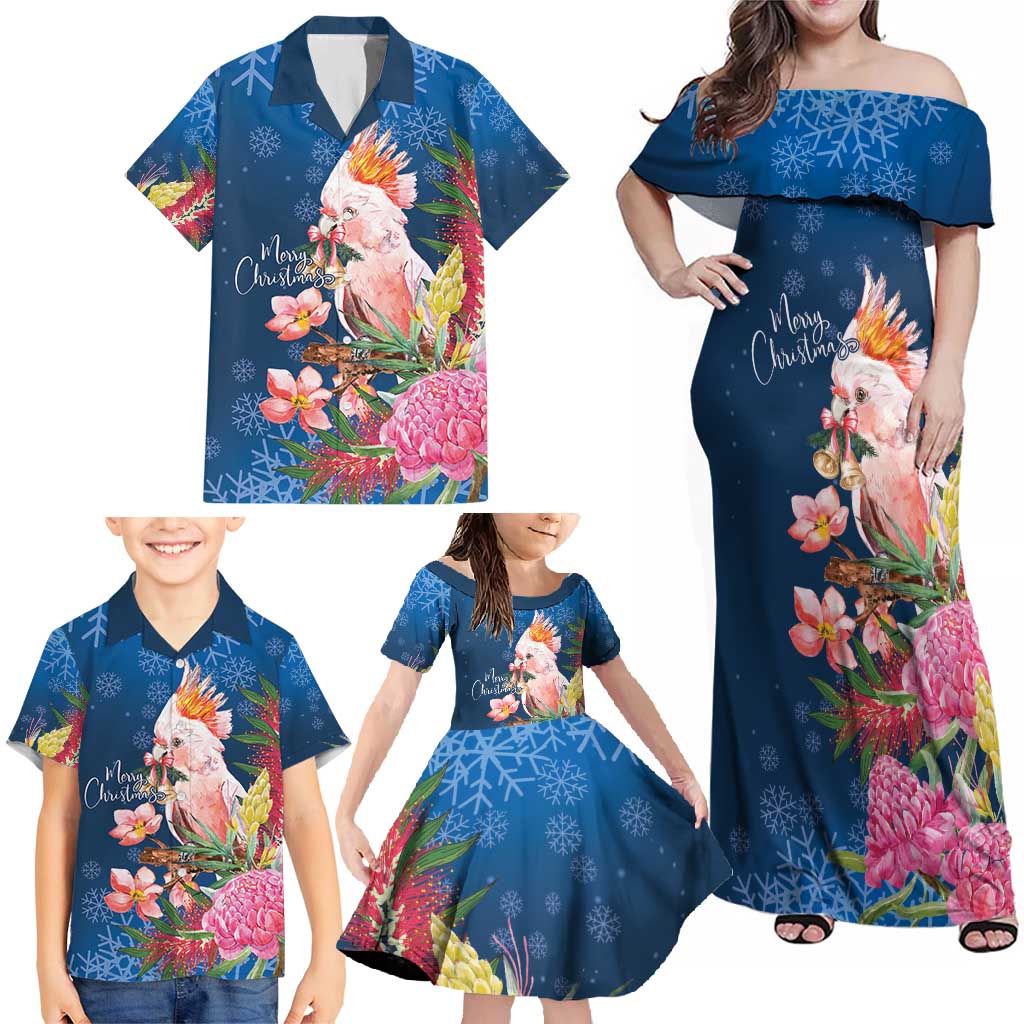 Australia Christmas Pink Cockatoo with Banksia Family Matching Off Shoulder Maxi Dress and Hawaiian Shirt Snowy Blue - Aussie Hoodie