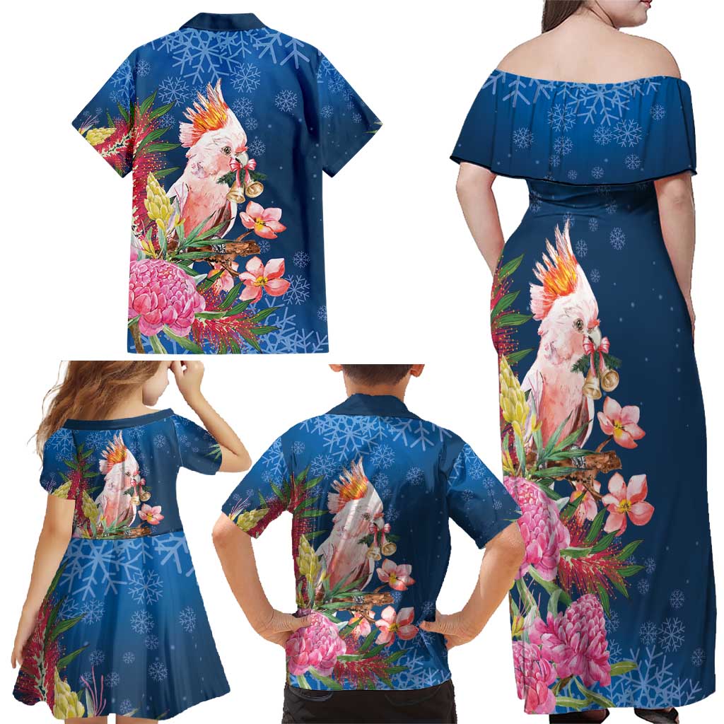 Australia Christmas Pink Cockatoo with Banksia Family Matching Off Shoulder Maxi Dress and Hawaiian Shirt Snowy Blue - Aussie Hoodie