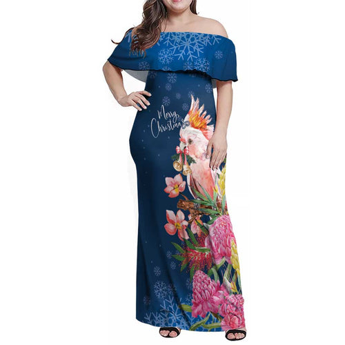Australia Christmas Pink Cockatoo with Banksia Family Matching Off Shoulder Maxi Dress and Hawaiian Shirt Snowy Blue - Aussie Hoodie