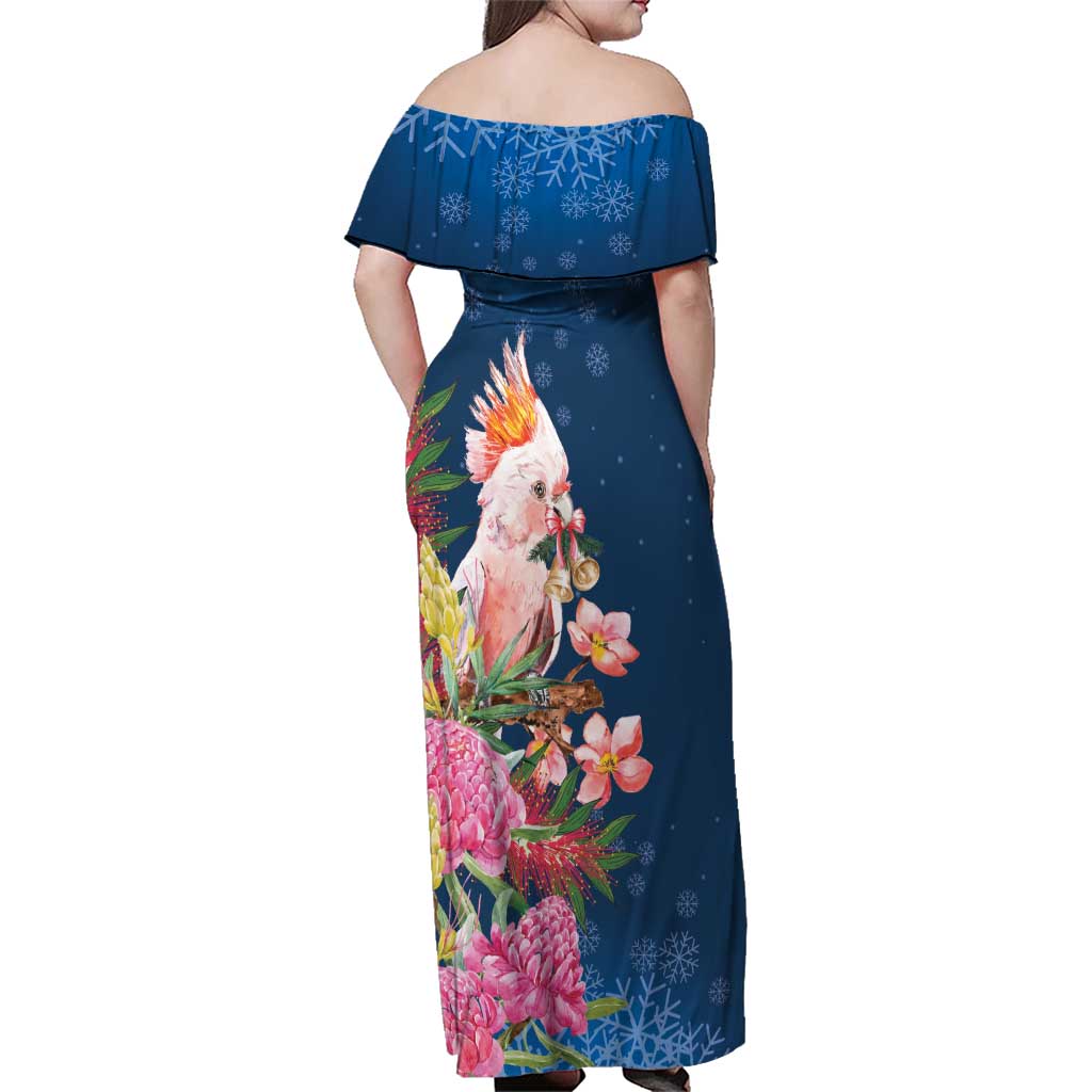 Australia Christmas Pink Cockatoo with Banksia Family Matching Off Shoulder Maxi Dress and Hawaiian Shirt Snowy Blue - Aussie Hoodie